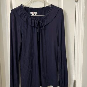 Boden navy stretch knit blouse size 4 (small) stretch ruffle neck
